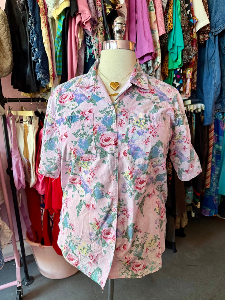 80s Rosy Romance Button Up Top - Size 2X/3X