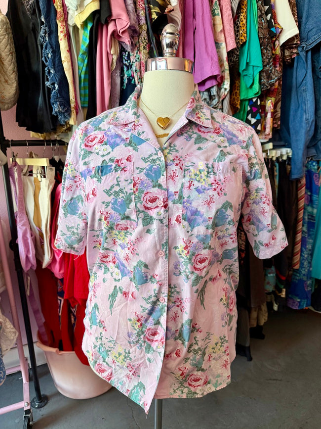 80s Rosy Romance Button Up Top - Size 2X/3X