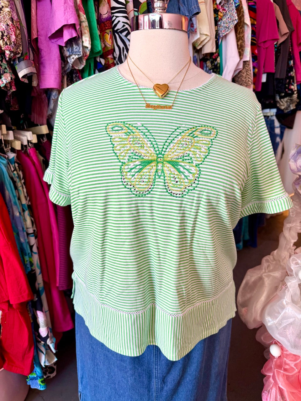 2000s Lemon Lime Butterflies Striped T Shirt - Size 2X-4X