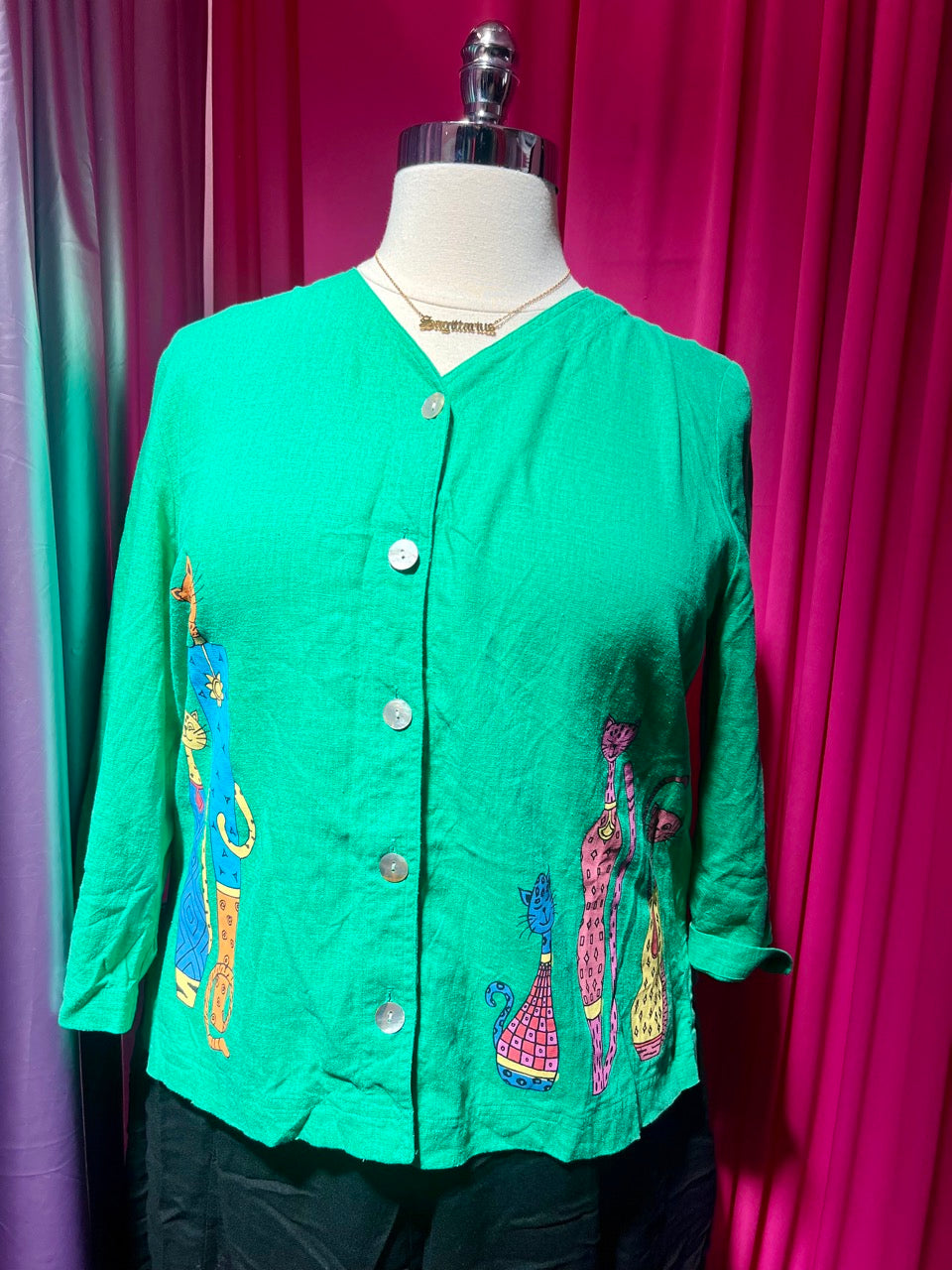 Rainbow Cats Green Linen Blend Blouse