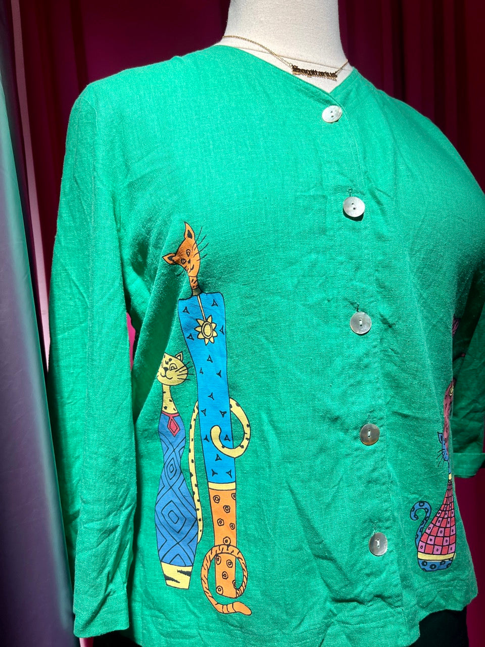 Rainbow Cats Green Linen Blend Blouse