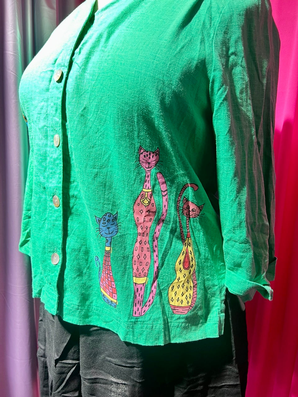 Rainbow Cats Green Linen Blend Blouse