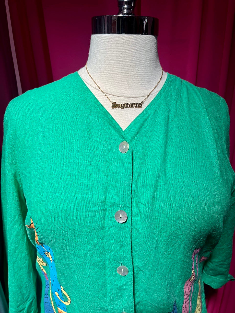Rainbow Cats Green Linen Blend Blouse