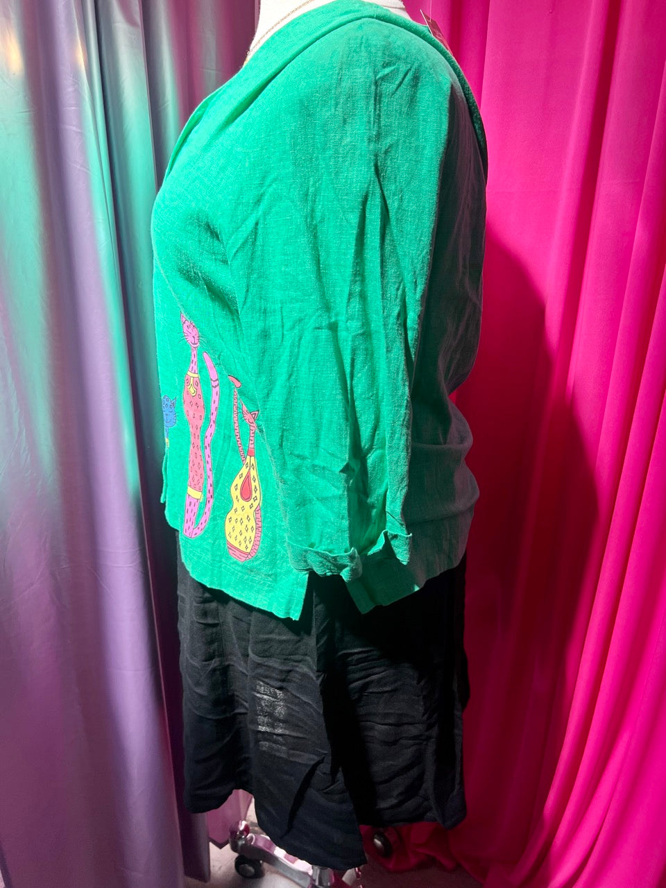 Rainbow Cats Green Linen Blend Blouse