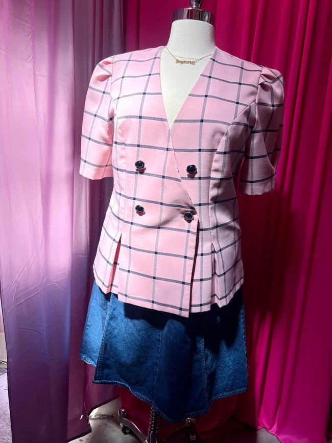 80s Baby Pink Business Grid Patterned Blazer