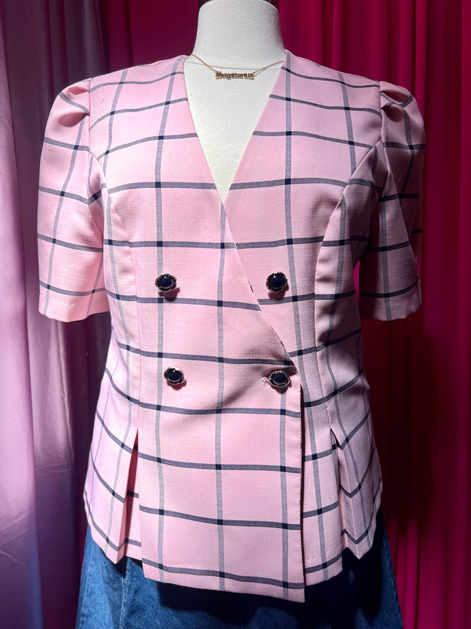 80s Baby Pink Business Grid Patterned Blazer