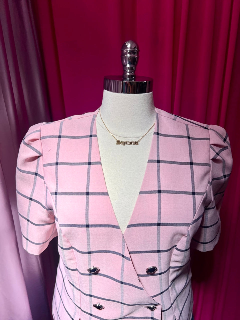 80s Baby Pink Business Grid Patterned Blazer