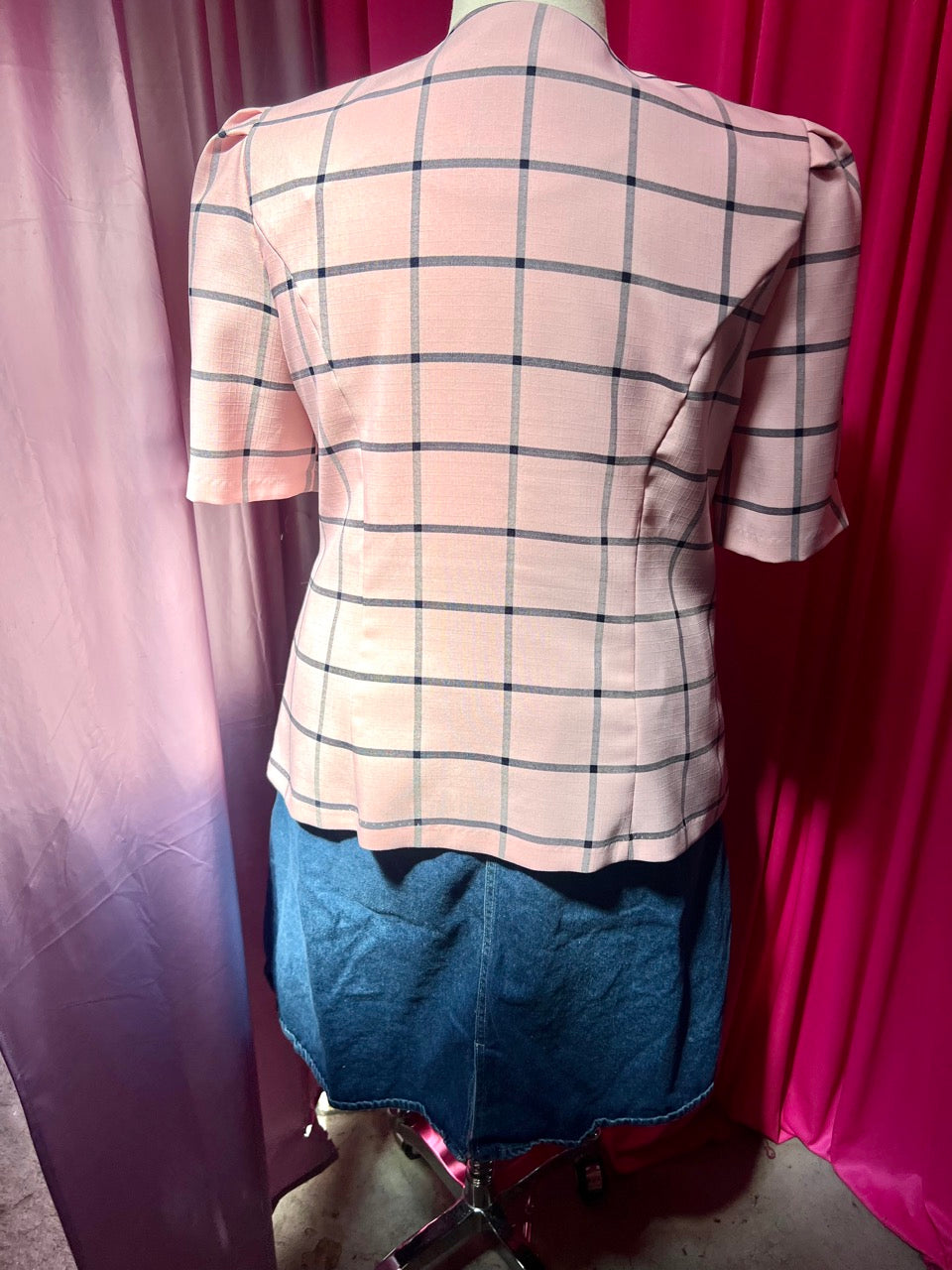 80s Baby Pink Business Grid Patterned Blazer
