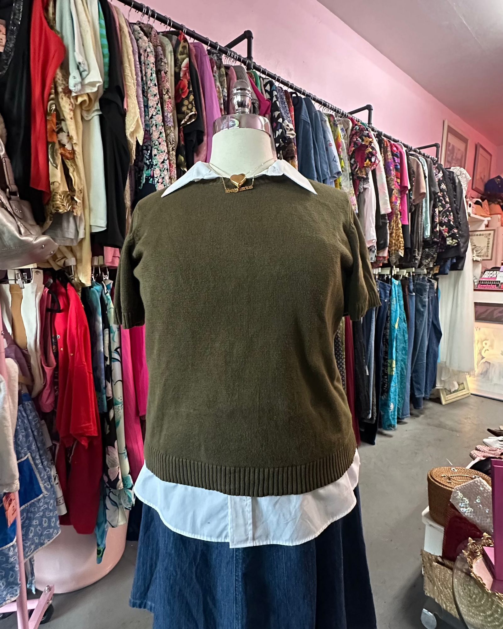 Forest Green Knit Ribbed Trim Short Sleeve Sweater - Size 2X-4X