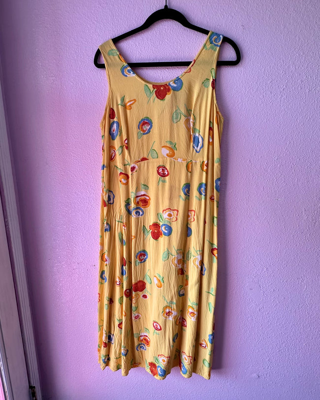 80s/90s Rosette Printed Yellow Dress - Size 16