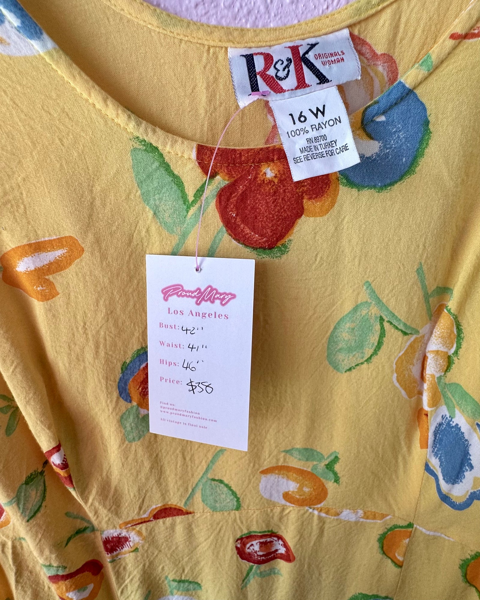 80s/90s Rosette Printed Yellow Dress - Size 16