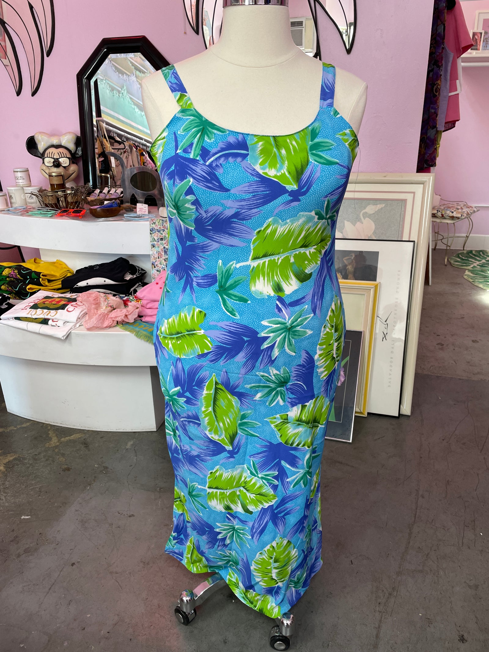 1990s Tropical Leaf Patterned Blue and Green Maxi Dress Proud Mary Fashion 1990s Tropical Leaf Patterned Blue and Green Maxi Dress Proud Mary Fashion