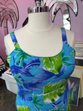 1990s Tropical Leaf Patterned Blue and Green Maxi Dress