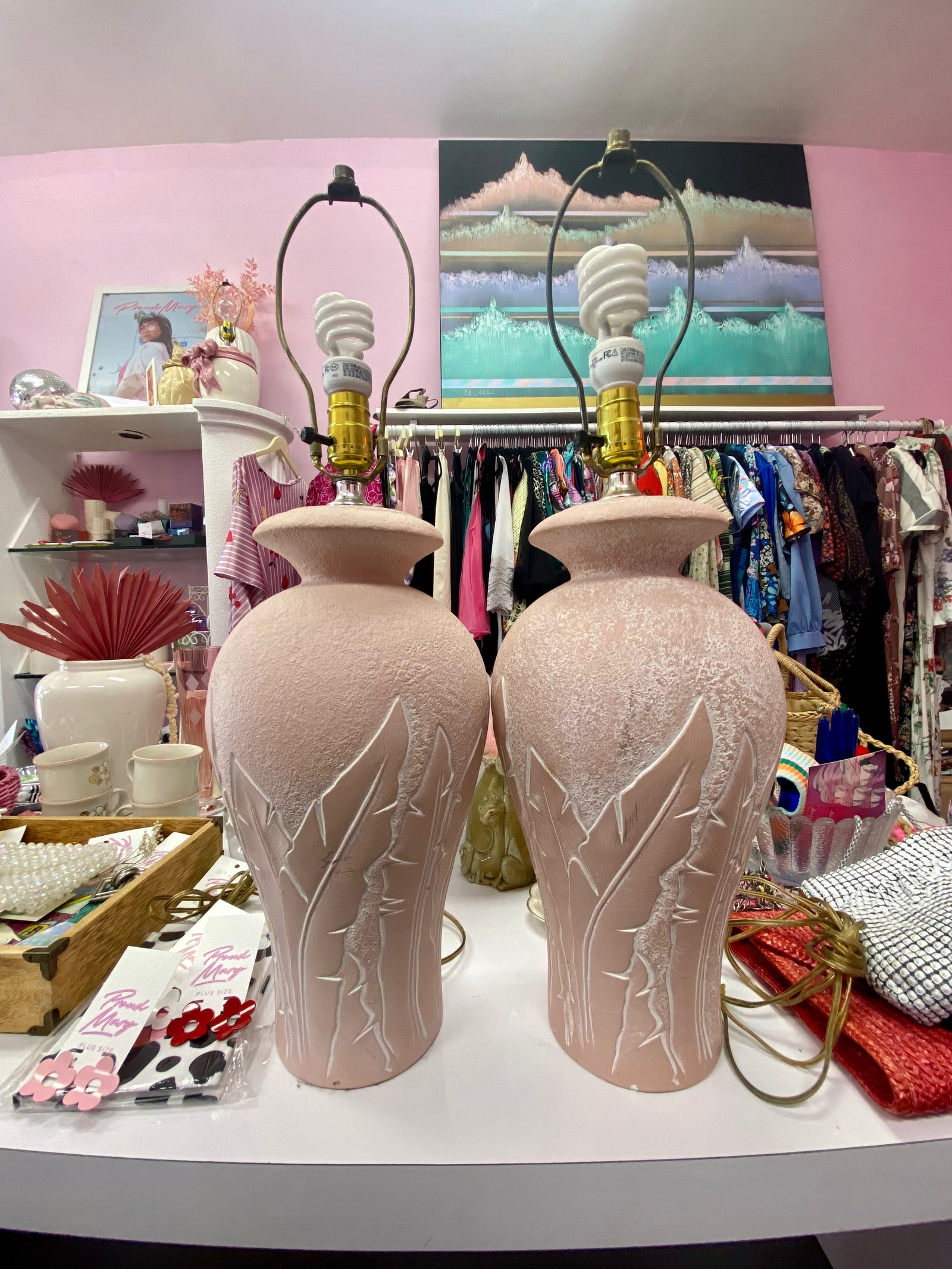 1980 s Coastal Palm Frond Plaster Lamp Set of 2 Locals Only